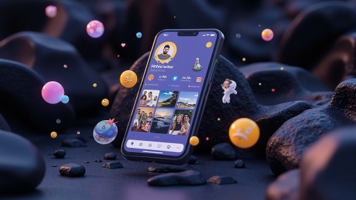 移动应用界面展示，包含多个屏幕截图，显示聊天功能、用户资料和个人设置页面，现代化设计风格